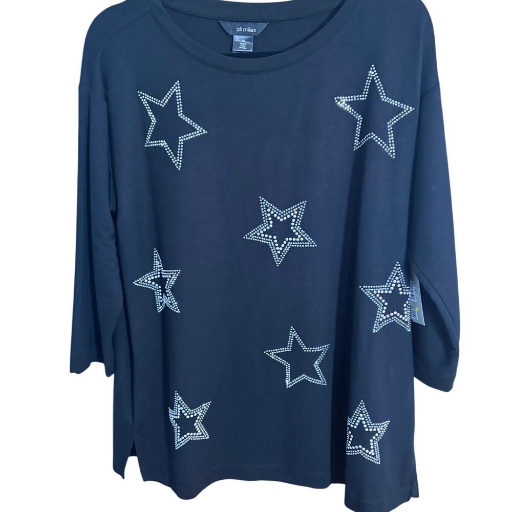 NWT Ali Miles Black Rhinestone Star Top M 3/4 Sleeve Stretch Knit Celestial